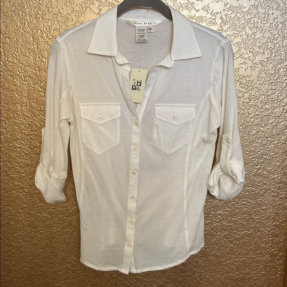 Max Studio White Button Up Shirt Medium NWT 3/4 sleeves